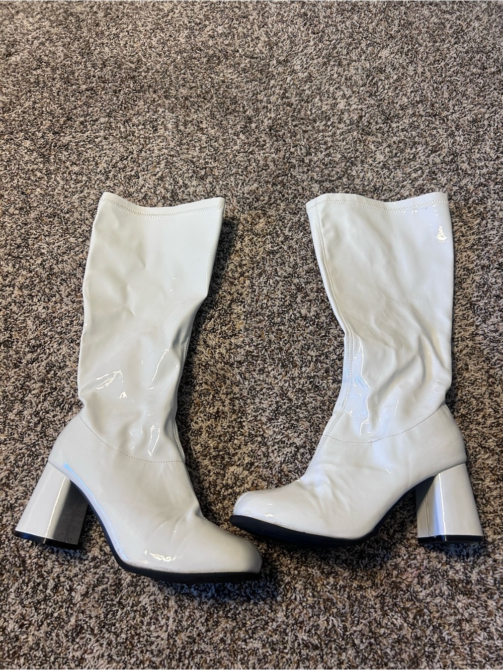 White Patent Mid-Calf Block Heel Boots - Women's